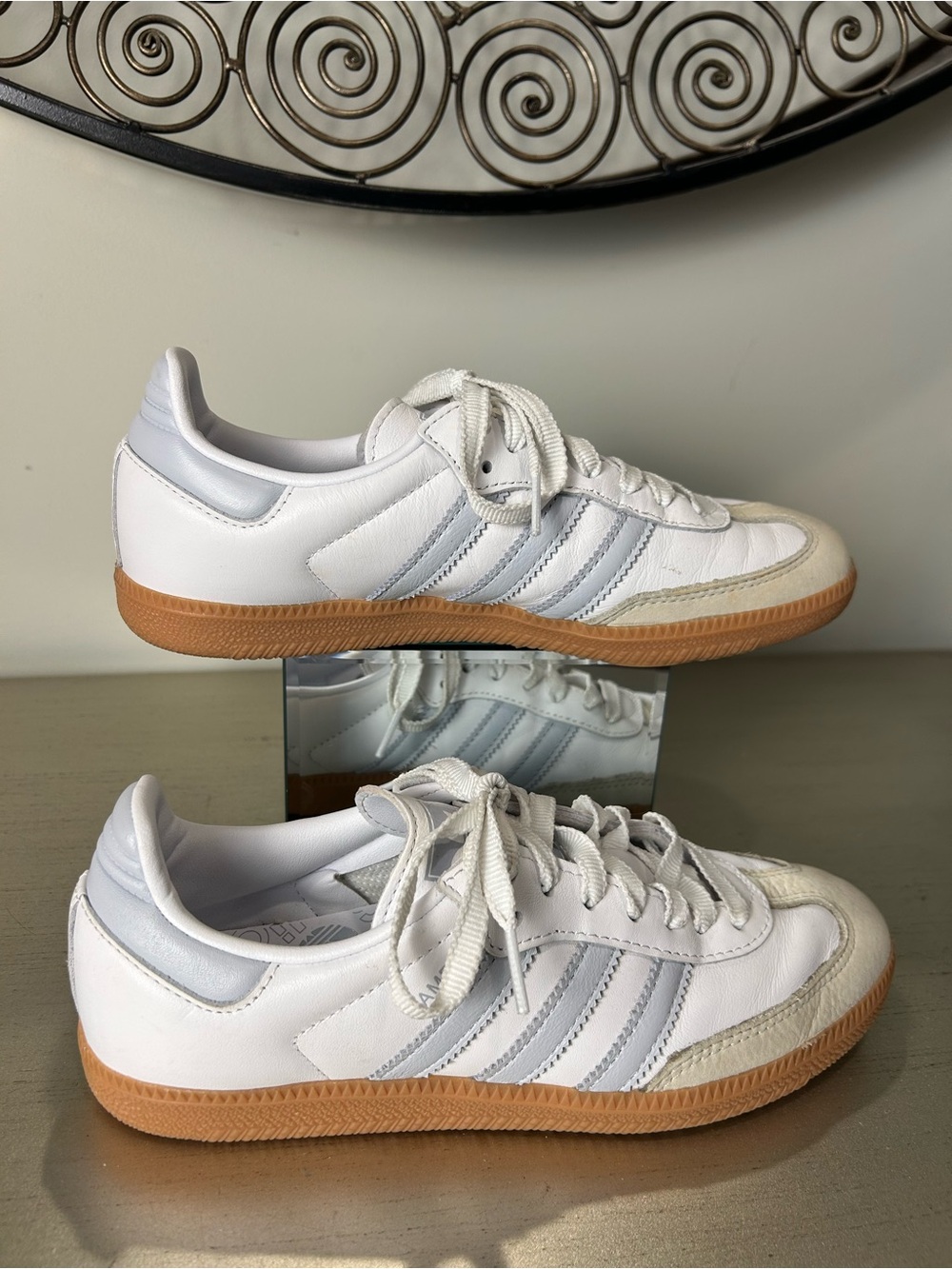 adidas Samba Women’s White and Light Gray Leather Sneakers with Gum Sole